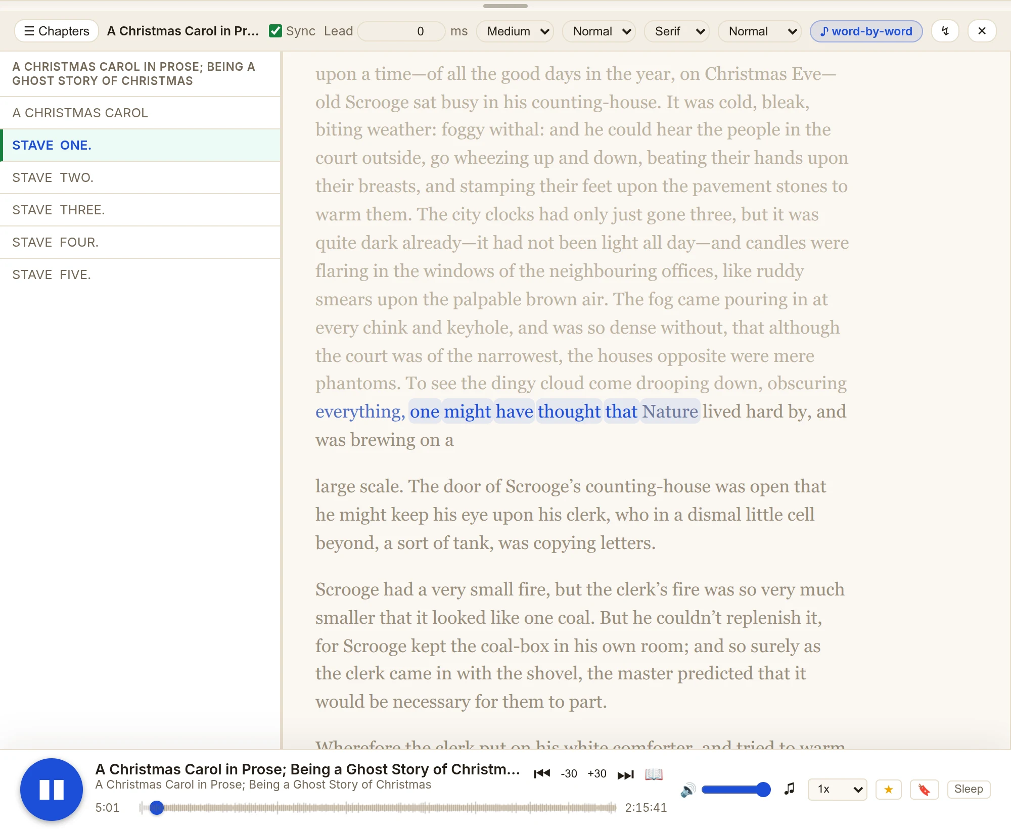 The web reader with the chapter list open: Stave One is marked as the current chapter, and a phrase in the text is highlighted as it is read aloud