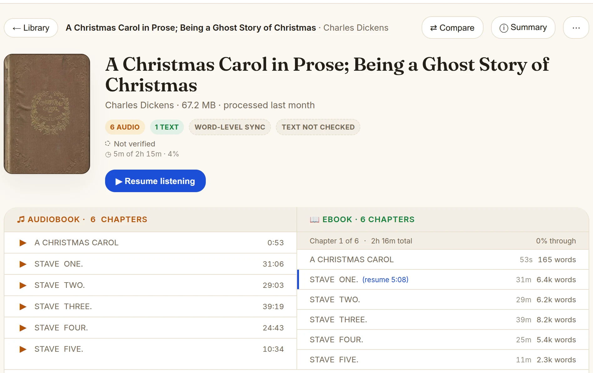 A book page in the web app: cover, audiobook chapters with their running times on the left, ebook chapters with word counts on the right, and a Resume listening button